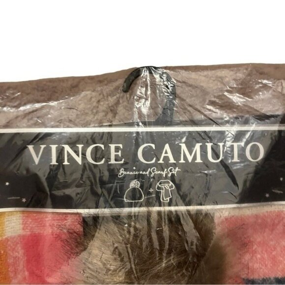 Vince Camuto Beanie & Scarf Set O/S Pink Plaid Pattern Knit Acrylic Winter NWT - Picture 3 of 5